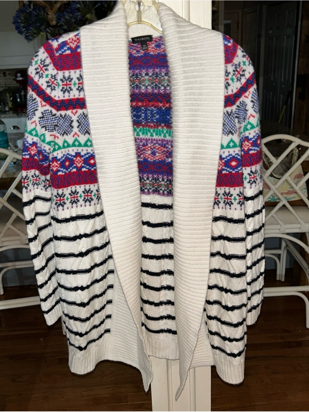 Talbots Ivory Open Shawl Collar Cardigan with Red Blue Green Fair Isle